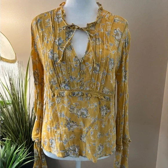 American Rag Yellow Floral Long Sleeve Blouse Size L - Picture 2 of 14
